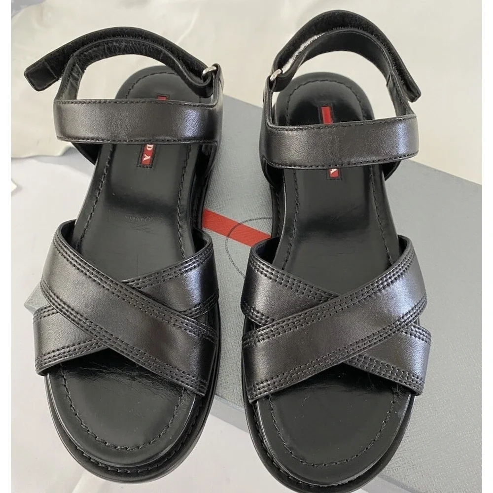 Prada 3X6289‎ Women's BLACK LEATHER STITCHED OPEN TOE FLATS SANDALS, 36.5